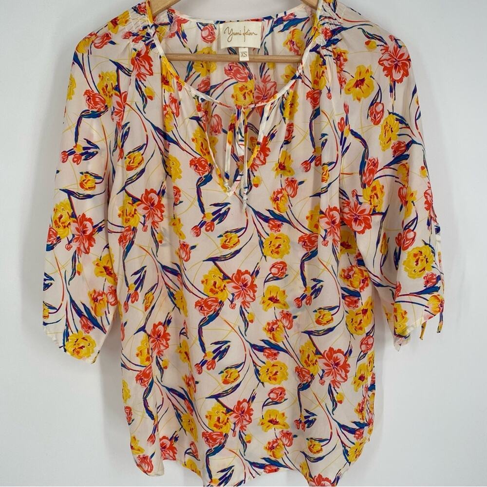 YUMI KIM Blouse 100% Silk Floral Flowy Romantic Feminine Oversized Yellow Red XS
